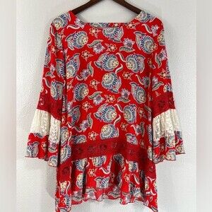 MULTIPLES Womens Loose & Flowy Tunic Lace Pleated Bell Sleeve Boho Size S